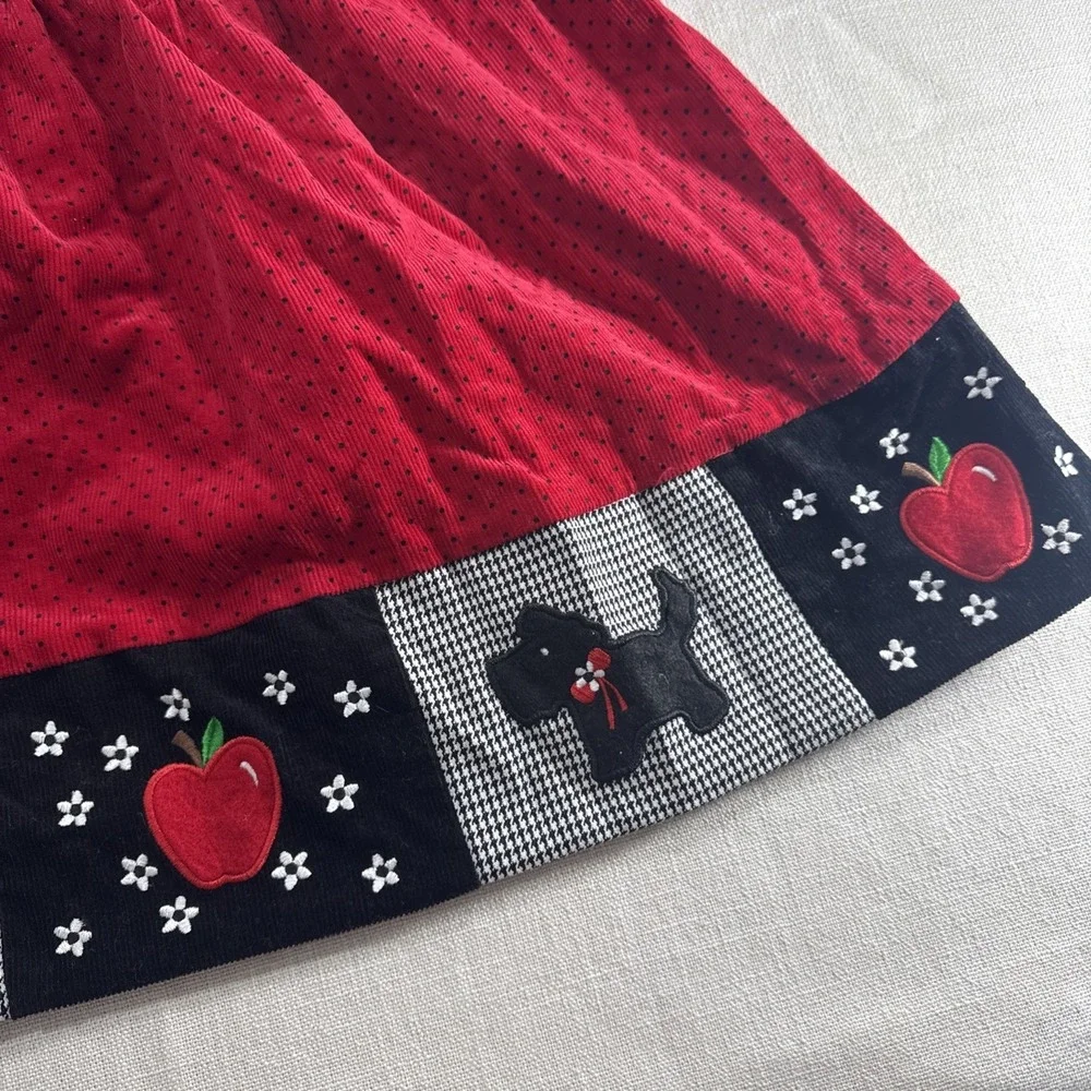 Rare Editions Dress Girls 4T Red Corduroy Polka‎ Dot Apple Scottie Dog Patchwork